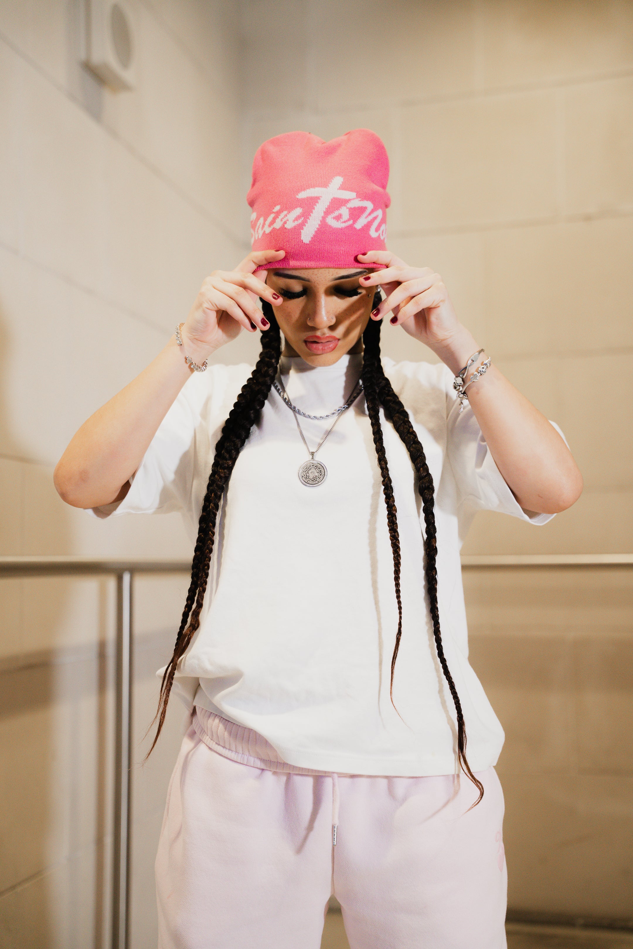 'UNSHAKEN' Pink satin lined beanie